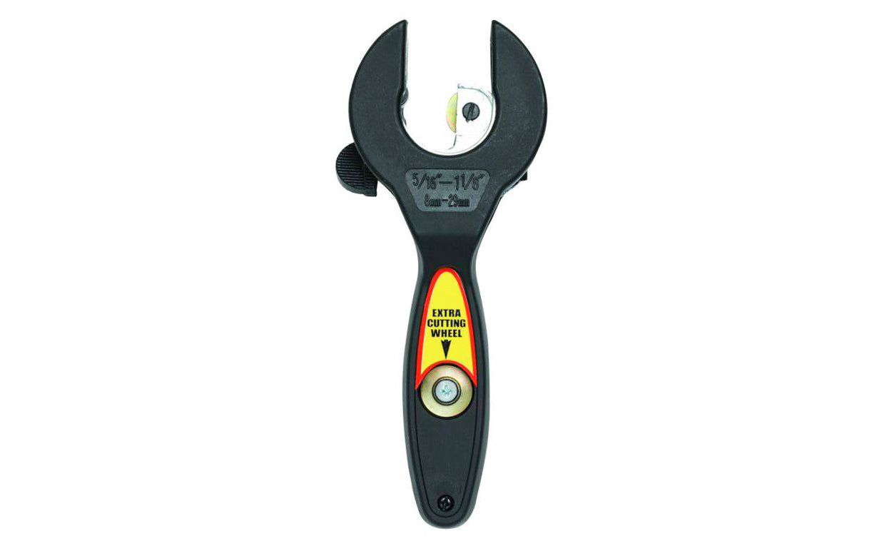 This "E-Z" Ratchet Tubing Cutter by General Tools can slice through copper, aluminum, brass, thin-wall tubing & stainless steel. Ratcheting action rotates cutter around tube. Tubing capacity O.D. range:  5/16" to 1-1/8". Model 133. Ratcheting Tubing Cutter. 038728133007. Ratchet Action Tubing Cutter.