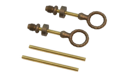 Quality Cheval mirror mounting hinges made of solid brass parts with brass plated threaded studs. Antique brass finish. Includes 2-1/4" length studs, & a longer option of 3" length studs. Made of solid brass material. 1-1/4" ring diameter