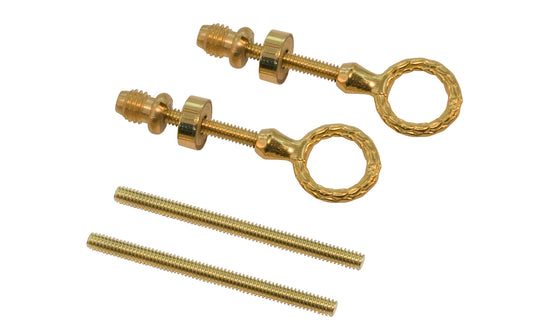 Quality Cheval mirror mounting hinges made of solid brass parts with brass plated threaded studs. Non-lacquered brass. Includes 2-1/4" length studs, & a longer option of 3" length studs. Made of solid brass material. 1-1/4" ring diameter