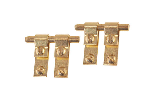 These Friction Hinges for Mirrors are traditional mirror mounting friction hinges for dressers with mirrors. Friction is adjusted by tightening the screws on the brackets. Sold in pairs. Each bracket is 1/2″ x 1-1/2″, pin is 2" long. Made of steel material with a brass finish. Friction hinges for dresser mirrors. Pair