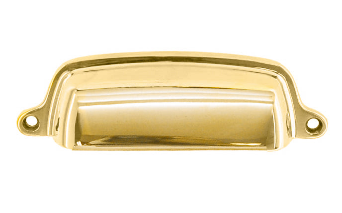 Vintage-style Hardware · Traditional & Classic Solid Brass Bin Pull. 4" On Centers. Made of high quality solid brass. 4" spacing of screw holes. Thick & smooth edges for a comfortable grip. Lacquered Brass Finish