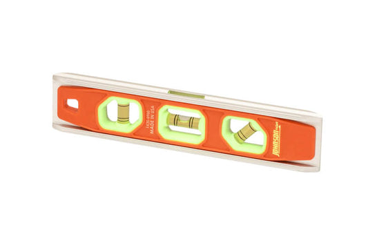 Johnson Level 9" Magnetic "Glo-View" Torpedo Level. "Glo-View" vial illuminates for easy-read in low light. Model No. 1435-0900. Strong rare-earth magnets on level. V-groove frame fits on pipe & conduit. 3 vials read plumb, level & 45°. 049448143504. 9" long level. Durable solid aluminum frame. Made in USA.