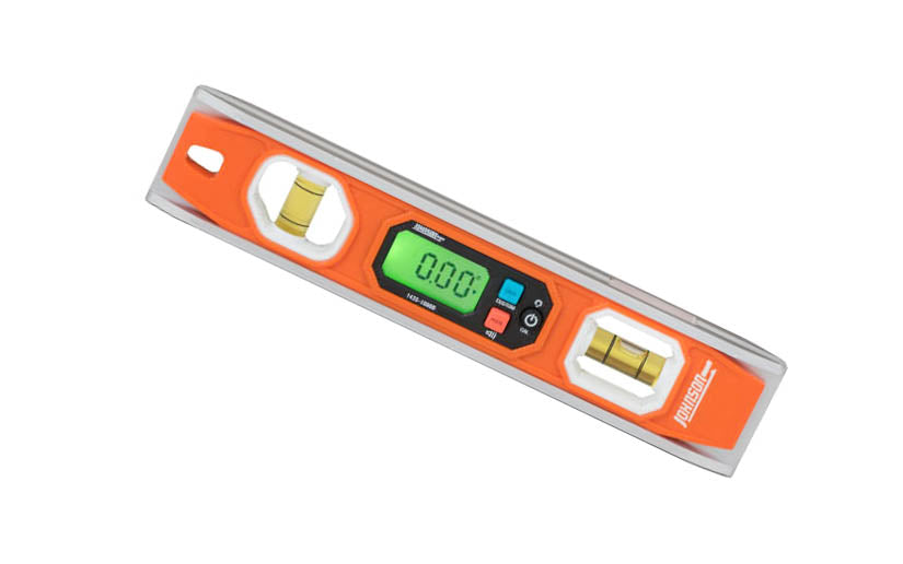Johnson Level 10" Digital Programmable Torpedo Level. Model No. 1435-1000D. Strong rare-earth magnets on level. Backlit LCD display for easy viewing. 049448100033. 10" long level. Durable solid aluminum frame. V-groove top-edge. Preprogrammed 22.5° & 45° modes simplify miter cuts, conduit bends & more. Water resistant