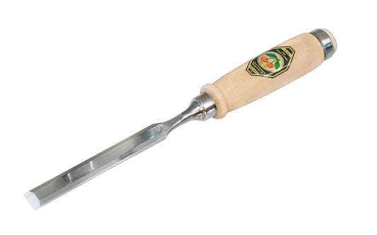 Made in Germany ~ Two Cherries · 1001 series ~ high carbon steel ~ Tempered to Rc61 Rockwell ~ Varnished flat Hornbeam handle - Stechbeitel - Firmer Chisel - short length, light pattern, bevelled edges, Flat hornbeam handle - bevel edge - steel ferrule ~ Use with mallets - 14 mm - 14MM Wide - 4016649101301 - 1001/014
