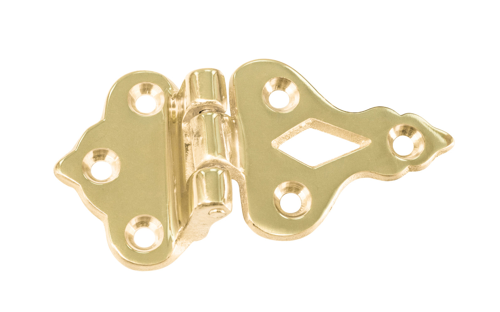 Classic & traditional solid brass ice box hinge. The hinge has a fixed pin for sturdy operation, & the hinge has a 3/8" offset, which is common for many icebox cabinets. Hinges originally designed for traditional ice boxes & refrigerators. Lacquered Brass Finish.