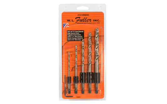 WL Fuller 5-PC Drill Bit Set with Quick Change. The twist drills have 118° angle points with cutting relief angles suited to cut metal. The point is designed to be an all-purpose point & will cut most materials. SAE fractional sizes:  1/8",  3/16",  1/4",  5/16",  3/8". 5 piece set. Model 15149005C. 807200554087