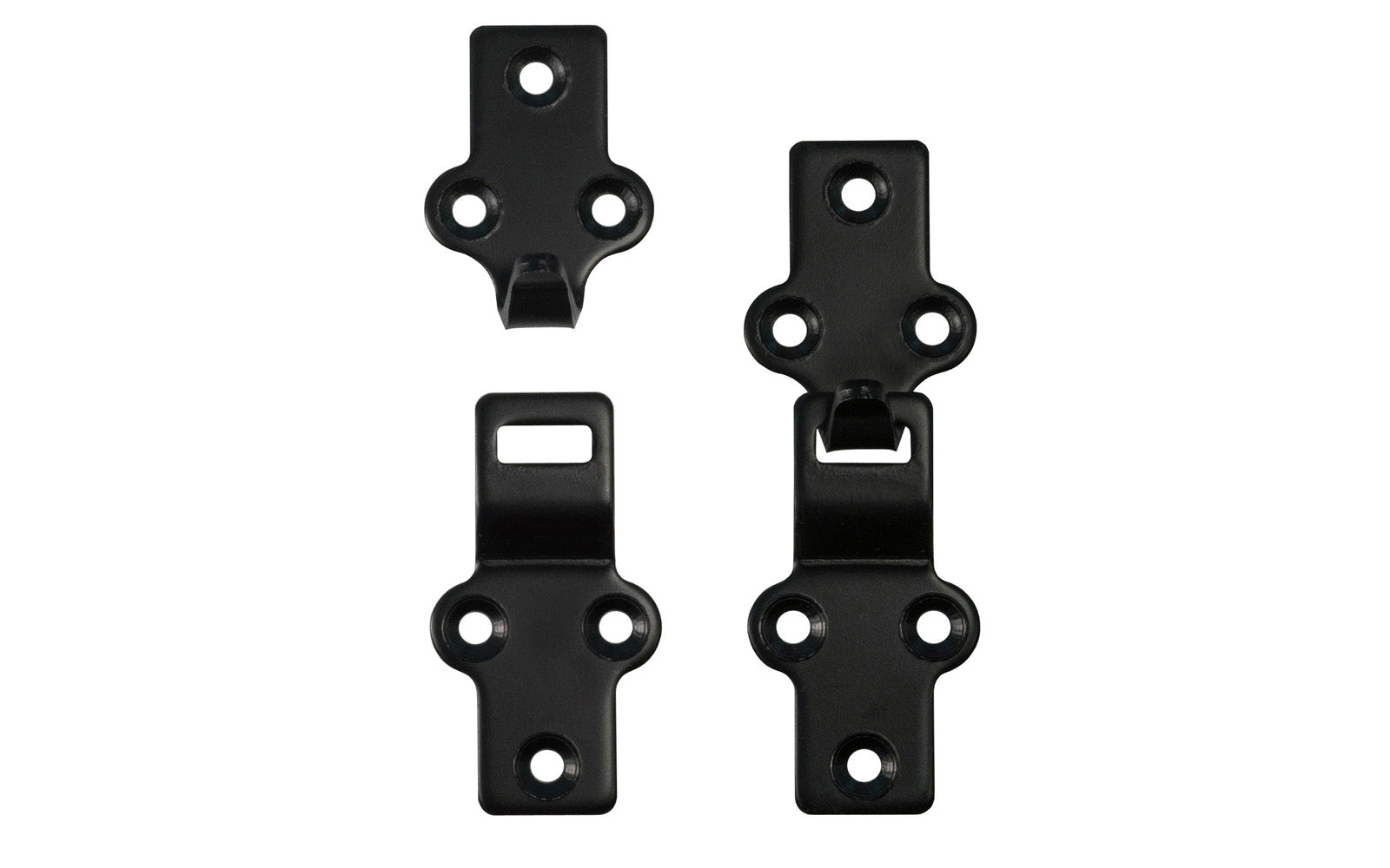 Black Heavy Duty Storm Window & Screen Hangers - Pair~ A pair of traditional & classic black heavy duty hangers for storm windows & screens. This hanger set allows storm sashes & screens to be easily removed. The hangers are made of 1/8" thick steel & have a satin black thick finish. May be used on sashes hung flush with the casing, & or sashes set out of the casing.