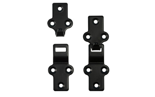 A pair of traditional & classic black heavy duty hangers for storm windows & screens. This hanger set allows storm sashes & screens to be easily removed. The hangers are made of 1/8" thick steel & have a satin black thick finish. May be used on sashes hung flush with the casing, & or sashes set out of the casing.