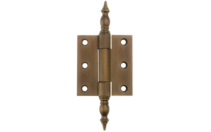 Solid Brass Steeple-Tip Hinge ~ 2-1/8" x 2-1/4". High quality extruded & milled heavy gauge swaged hinge with steeple tips for cabinets, armoires, hutches, wardrobes, clock cases & cabinets with large doors. Made of solid brass material. Antique brass finish.
