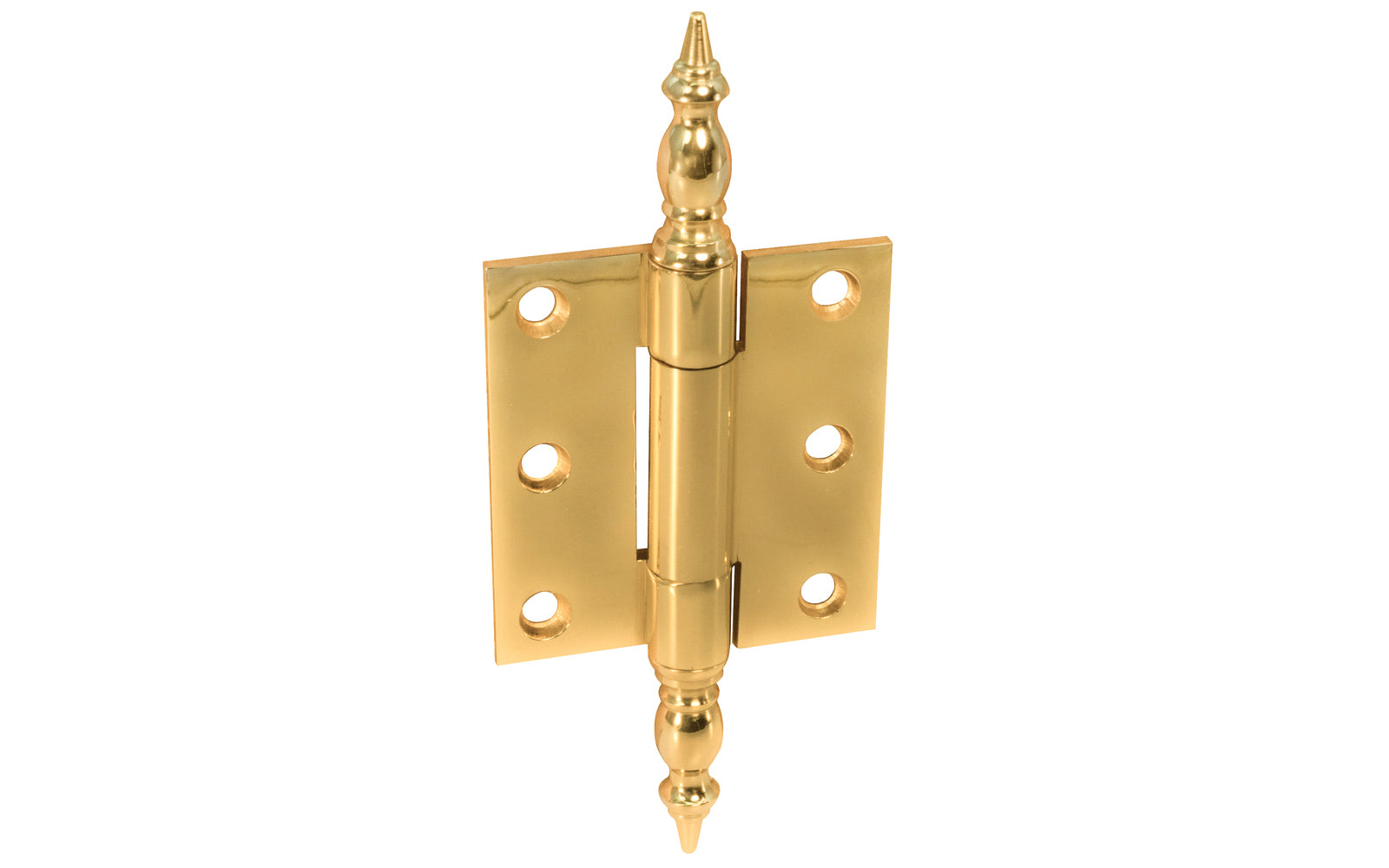 Solid Brass Steeple-Tip Hinge ~ 2-1/8" x 2-1/4". High quality extruded & milled heavy gauge swaged hinge with steeple tips for cabinets, armoires, hutches, wardrobes, clock cases & cabinets with large doors. Made of solid brass material. Lacquered brass.