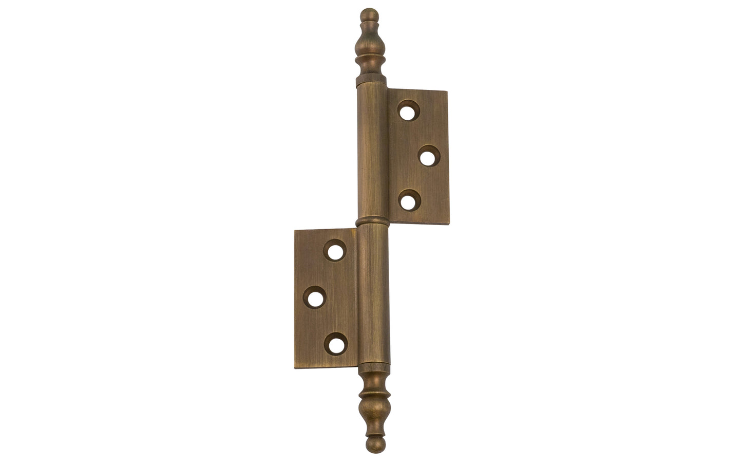 A high quality extruded & milled heavy gauge swaged Solid Brass "Flag" Hinges with Steeple Tips for cabinets, armoires, hutches, wardrobes, clock cases & cabinets with large doors. Thick 3/32" leaf thickness for longstanding durability. Antique Brass Finish.