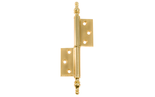 A high quality extruded & milled heavy gauge swaged Solid Brass "Flag" Hinges with Steeple Tips for cabinets, armoires, hutches, wardrobes, clock cases & cabinets with large doors. Thick 3/32" leaf thickness for longstanding durability. Unlacquered Brass (will patina over time). Un-lacquered brass. Non-lacquered brass.