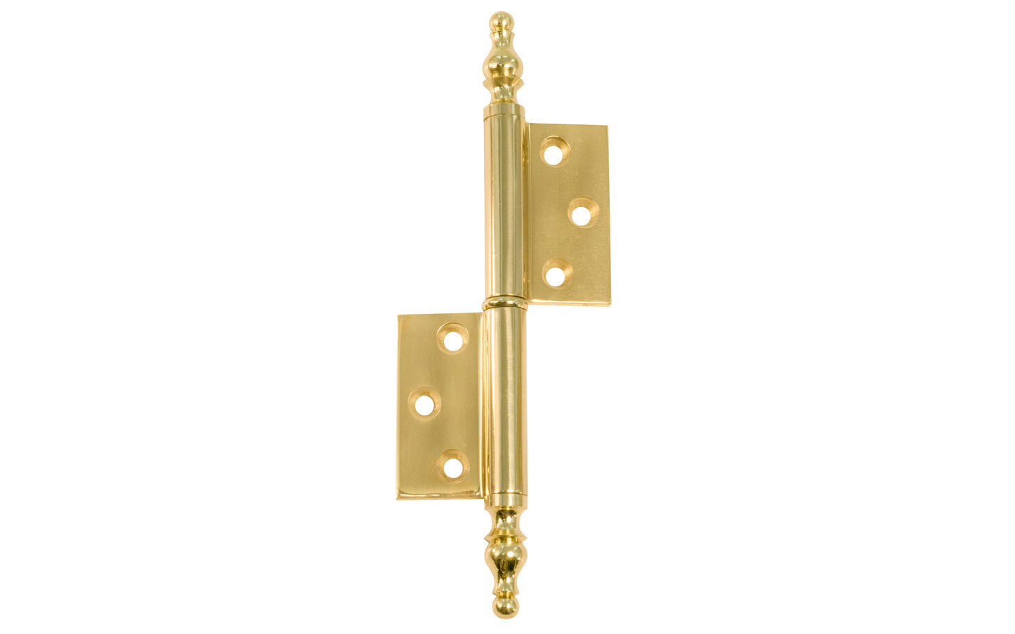 A high quality extruded & milled heavy gauge swaged Solid Brass "Flag" Hinges with Steeple Tips for cabinets, armoires, hutches, wardrobes, clock cases & cabinets with large doors. Thick 3/32" leaf thickness for longstanding durability. Lacquered Brass Finish.