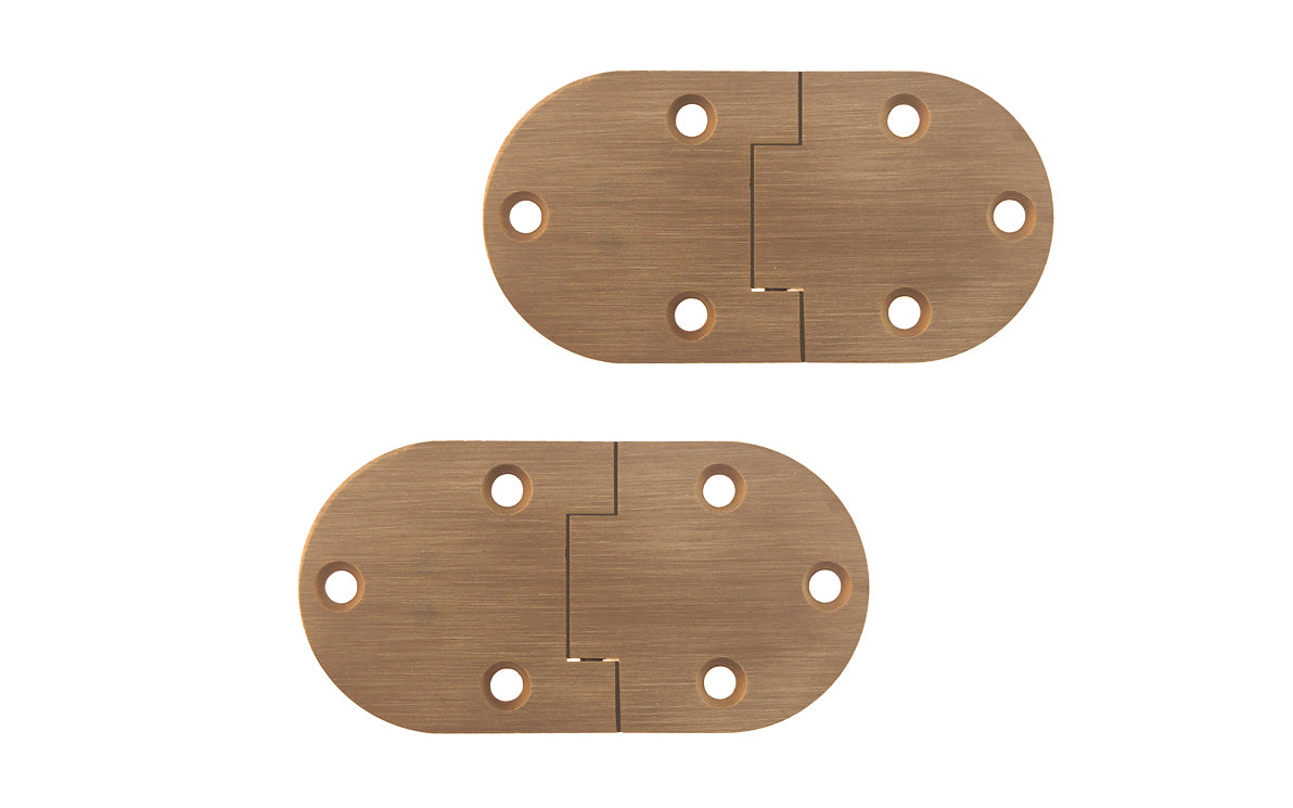 These Solid Brass Butler Tray Hinges have a flush opening, with a positive stop at 90°. High quality hinges made of solid brass material. 2-7/8" x 1-1/2" hinge size. Antique Brass Finish. Sold as a pair