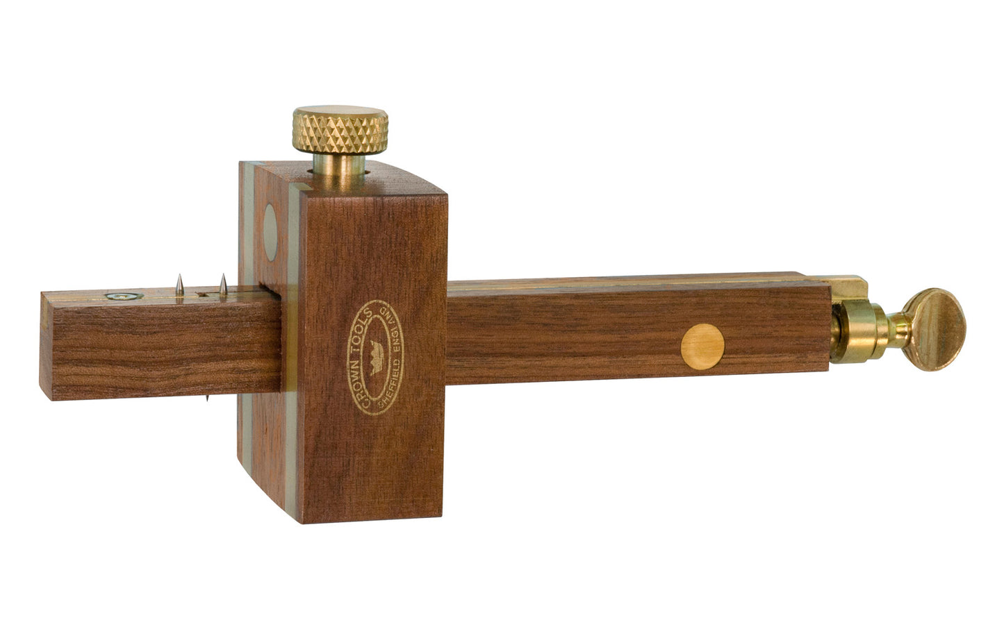 Model 154. Crown Tools Walnut Mortice & Marking Gauge with Screwslide Adjustment. Knurled brass thumbscrew on gage. Brass inlay. Walnut wood.  Made in England.