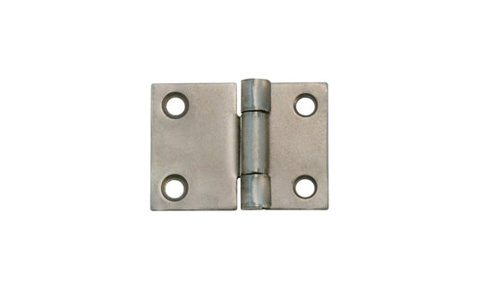 A Steel Cabinet Butt Hinge with two leaves of different lengths, common in kitchen cabinets in the early 20th century. Steel material. Non-removable hinge pin. Overall Hinge Size: 1-5/8" Long x 1-3/16" High. One leaf flap is 11/16" long, the other leaf flap is 15/16" long. Sold as a single hinge. 1/16" leaf thickness.