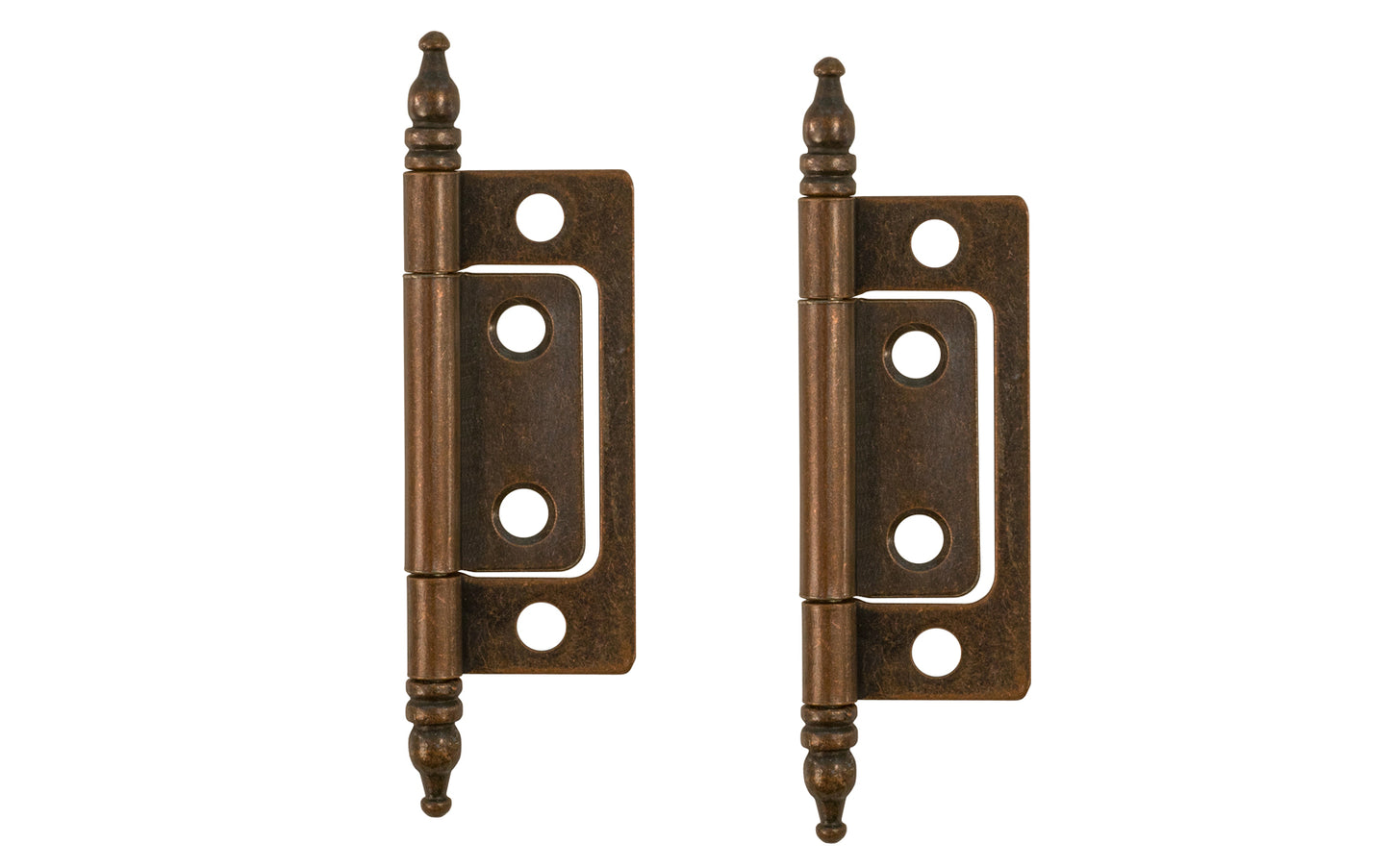 Traditional & classic 2" size non-mortise steeple-tip steel cabinet hinges. Surface mount & great for inset cabinet doors & bi-fold doors. These steeple tip finial hinges are designed in the early 20th century style / Arts and Crafts style of hardware. Antique copper finish on steel material. Two hinges in pack.