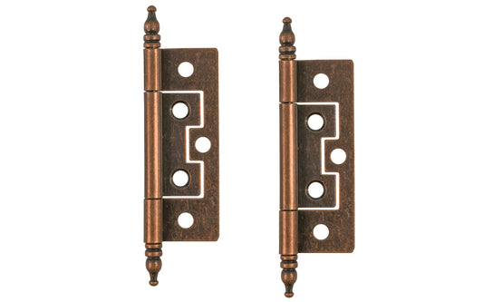 Traditional & classic 2-1/2" size non-mortise steeple-tip steel cabinet hinges. Surface mount & great for inset cabinet doors & bi-fold doors. These steeple tip finial hinges are designed in the early 20th century style / Arts and Crafts style of hardware. Antique copper finish on steel material. Two hinges in pack.