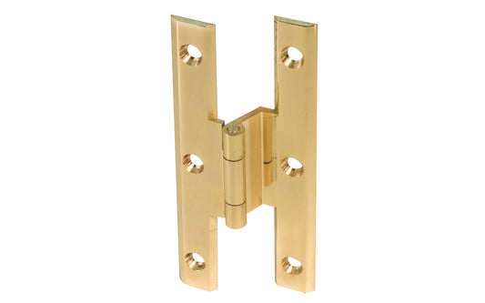 High quality & classic 3/8" offset solid brass cabinet hinge in the traditional "H" style with bevelled edges. The leafs are thick & the hinge has a lacquered brass finish. Designed in the vintage "Colonial Revival" style, but suitable for modern decors. 1-1/2" high x 1-1/2" wide. H hinge for cabinets. Offset mount.