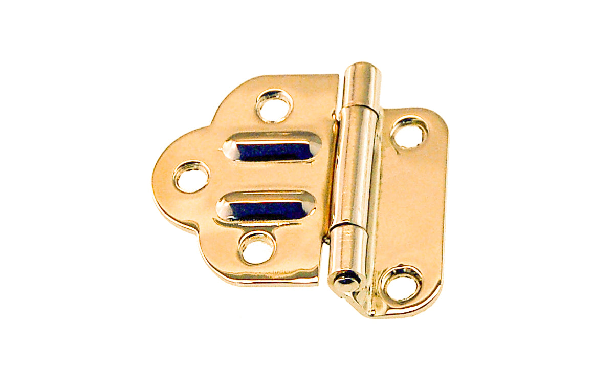 Vintage-style Hardware · Traditional & classic solid brass 3/8" Offset Hoosier cabinet hinges. Non-lacquered brass ~ 1/16" leaf thickness gauge. 1-3/4" high  x  1-7/8" wide. The Hoosier, Sellers, McDougall, Napanee, Wilson, Boone cabinet hinges. Made of solid brass material.