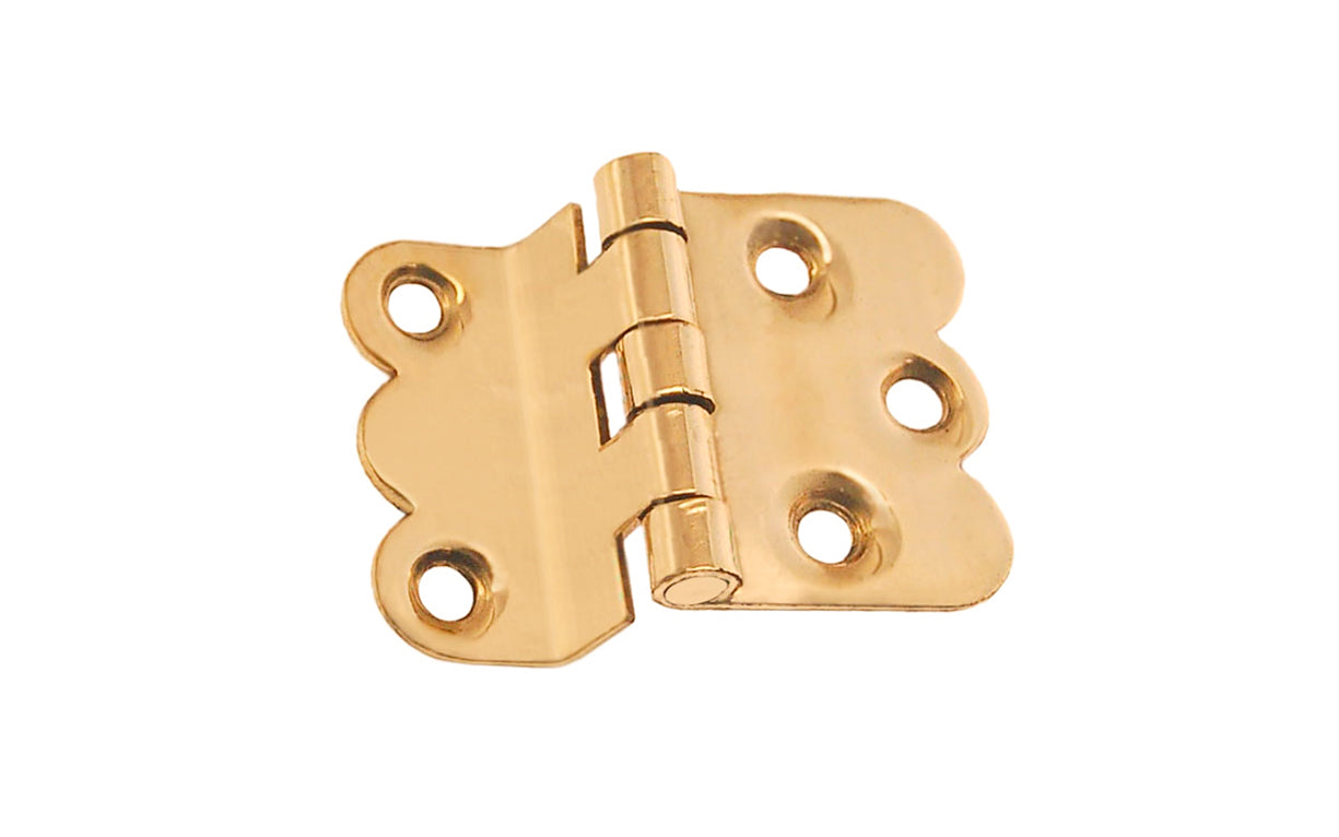 Vintage-style Hardware · Traditional & classic solid brass 3/8" offset Hoosier scalloped cabinet hinge. Non-lacquered brass ~ 1/16" leaf thickness gauge. 1-1/4" high  x  1-3/4" wide overall hinge. Made of solid brass material. Solid brass hoosier hinge