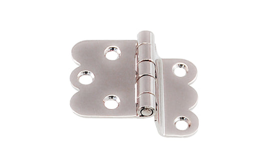 Vintage-style Hardware · Traditional & classic solid brass 3/8" offset Hoosier scalloped cabinet hinge. Polished nickel finish ~ 1/16" leaf thickness gauge. 1-1/4" high  x  1-3/4" wide overall hinge. Made of solid brass material. Solid brass hoosier hinge