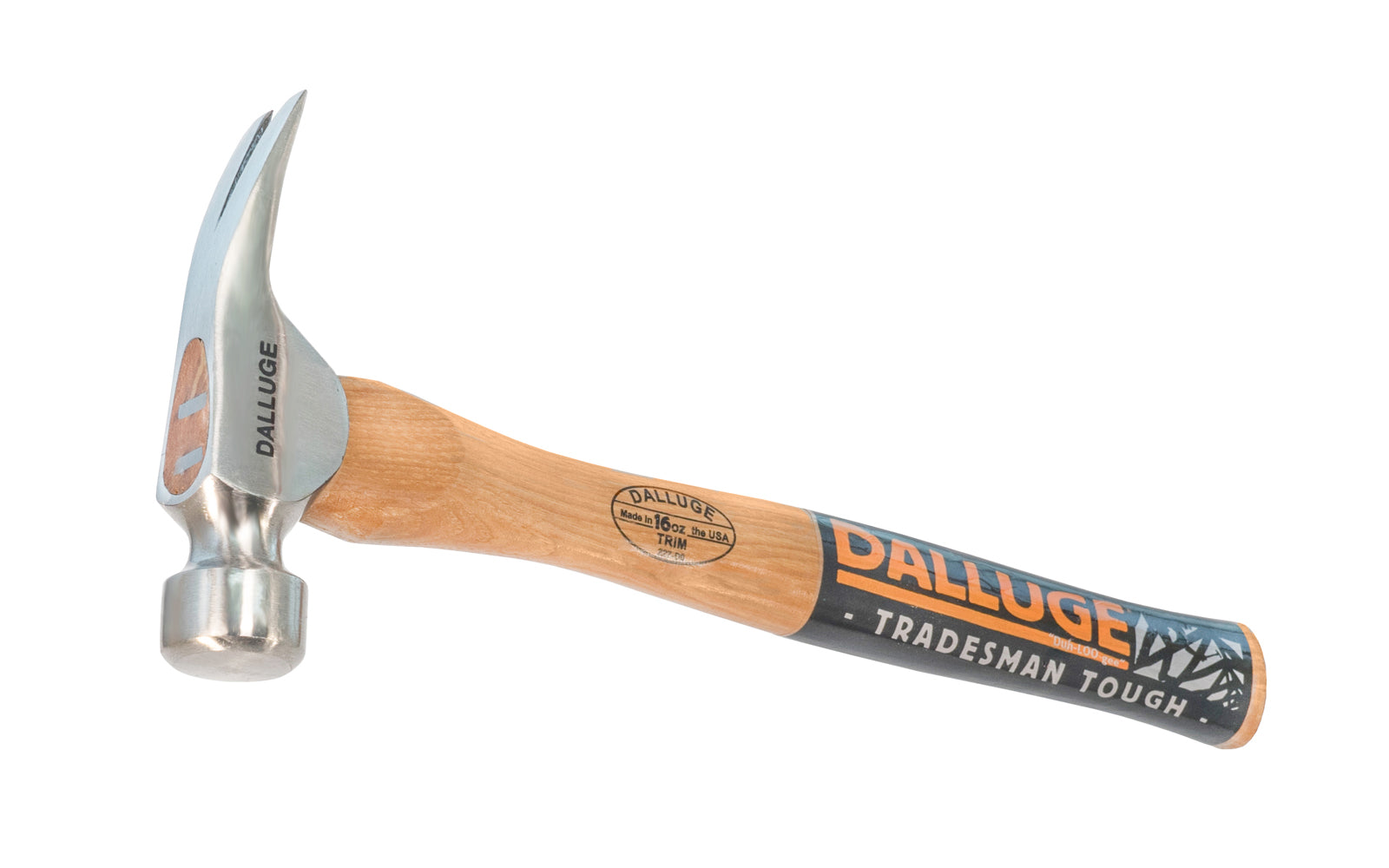 This 16 oz Dalluge Trim Hammer has a smooth face with a polished head. Straight Hickory hardwood handle. Model 1600. 13-1/2