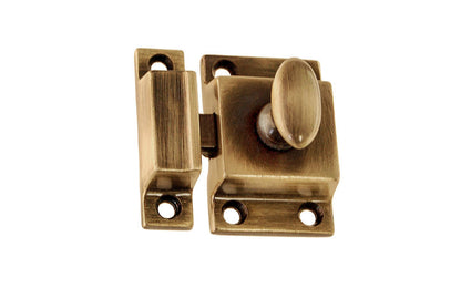 Vintage-style Hardware · Traditional & Solid Brass Cupboard Cabinet Latch ~ Small Size. 1-3/4" high x 1-1/8" wide. Made of solid brass material ~ Durable & strong spring loaded mechanism ~ Excellent for kitchens, cabinets, furniture, cupboards, bathrooms. Antique Brass Finish. Authentic reproduction hardware