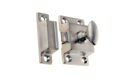 Vintage-style Hardware · Traditional & Solid Brass Cupboard Cabinet Latch ~ Small Size. 1-3/4" high x 1-1/8" wide. Made of solid brass material ~ Durable & strong spring loaded mechanism ~ Excellent for kitchens, cabinets, furniture, cupboards, bathrooms. Brushed Nickel Finish. Authentic reproduction hardware