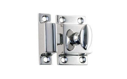 Vintage-style Hardware · Traditional & Solid Brass Cupboard Cabinet Latch ~ Small Size. 1-3/4" high x 1-1/8" wide. Made of solid brass material ~ Durable & strong spring loaded mechanism ~ Excellent for kitchens, cabinets, furniture, cupboards, bathrooms. Polished Chrome Finish. Authentic reproduction hardware