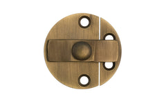Solid Brass 1-1/2" Diameter Turn Button With Back Plates. A traditional & quality surface-mount turn button that's great for flush cabinet doors, & doors that swing in & out. Other uses include use for cabinets, cupboards, hatches, panels. Flush mount turn button. Antique Brass Finish.