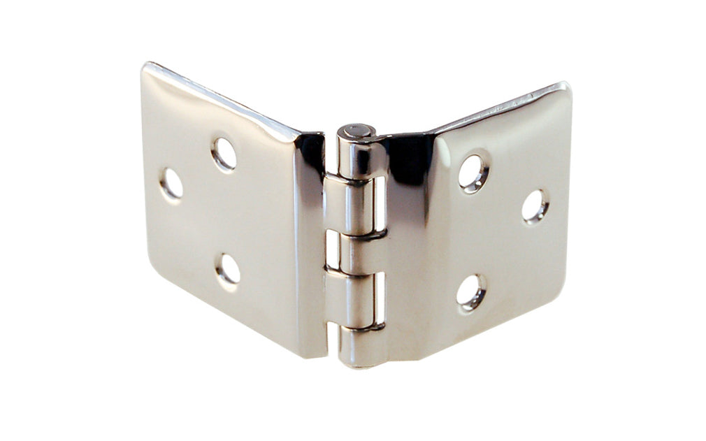 Traditional & classic solid brass Hoosier style wraparound hinge with two possible offsets: 3/8" & 1/2" Offsets. Available in non-lacquered brass & polished nickel finish. 3-1/8″ x 1-1/2″ overall size hinges.