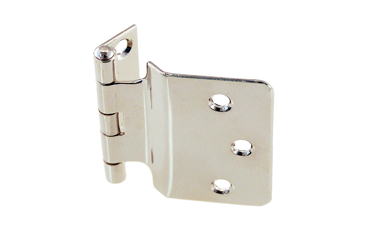 Vintage-style Hardware · Traditional & classic solid brass 3/8" offset style reversed pad Hoosier cabinet hinges. Available in non-lacquered brass & polished nickel finish ~ 1/16" leaf thickness gauge. 2" high  x  2" wide overall hinge size. Polished Nickel finish