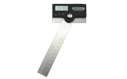 This General Tools Digital Protractor "Angle-izer" takes the guesswork out of measuring, marking, reading & transferring angles. Adjustable stainless steel protractor arm locks into desired position with knurled thumb nut. 6" length protractor arm. Range: 0° to 180°. Model 1702. Large easy-to-read display. 038728260086