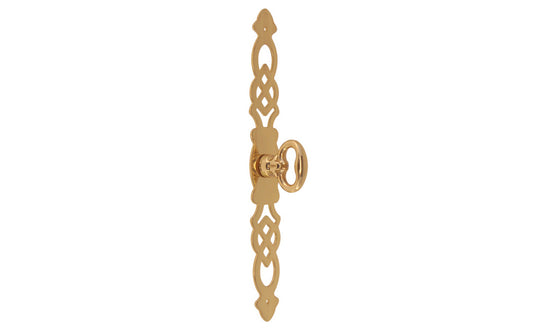 Solid Brass Cabinet Door Pull with 6-3/4" Backplate designed in the Chippendale Style. Designed for China cabinets, large cabinets, wardrobes, drop fronts, entertainment centers, etc. Lacquered brass finish. Cast brass key bow is 1-1/8" high, projects 1-1/16"