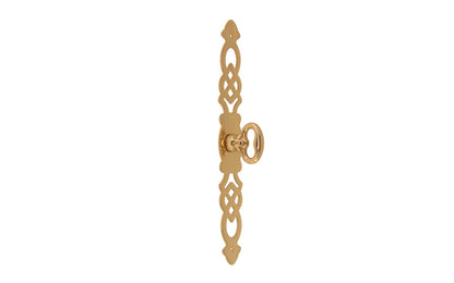 Solid Brass Cabinet Door Pull with 5-1/4" Backplate designed in the Chippendale Style. Designed for China cabinets, large cabinets, wardrobes, drop fronts, entertainment centers, etc. Lacquered brass finish. Cast brass key bow is 1-1/8" high, projects 1-1/16"