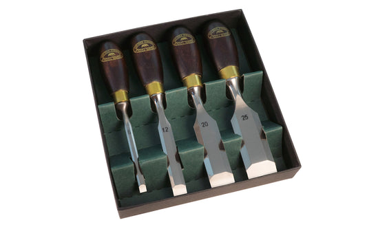 4-Piece Chisel Set made by Crown Tools. Sizes include 1/4", 1/2", 3/4", 1" sizes (6 mm, 12 mm, 20 mm, 25 mm). Hot forged from the finest Carbon steel & hardened ready for use. Short 6" length butt chisels - Good for getting into tight areas. Rosewood handle with brass ferrule. Made in Sheffield, England. Model 174RB.