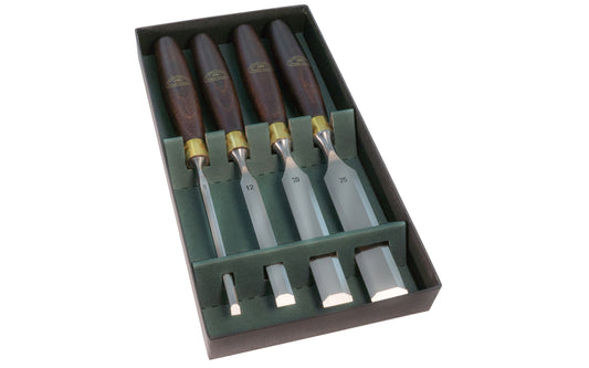 4-Piece Chisel Set made by Crown Tools. Sizes include 1/4",  1/2",  3/4",  1" sizes   (6 mm,  12 mm,  20 mm,  25 mm). Hot forged from the finest Carbon steel & hardened ready for use. Ground bevelled edge with a standard angle of 25°. Rosewood handle with brass ferrule. Made in Sheffield, England. Model 174R.