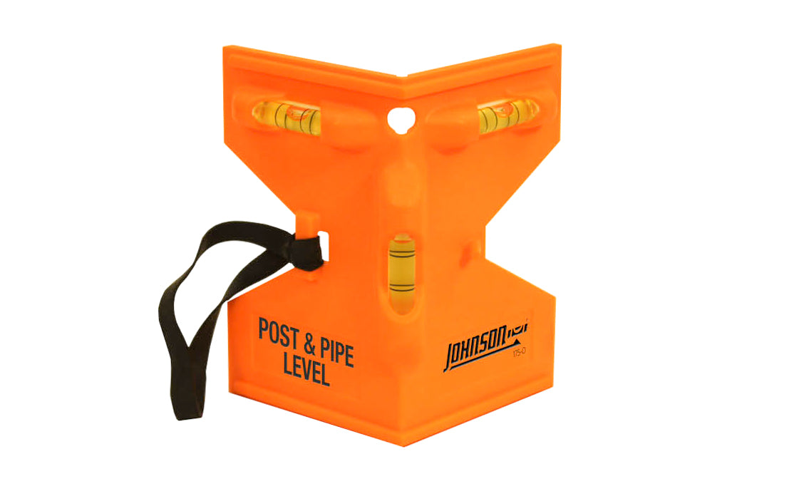 Model No. 175-O ~ Durable molded body - Rugged acrylic vials read plumb & level simultaneously - Reflective backing increases vial visibility - Rubber strap allows hands free use quickly attaches to any post, pole or stringer. Durable molded body. 049448175123. Johnson Level Post & Pipe Level - Orange color