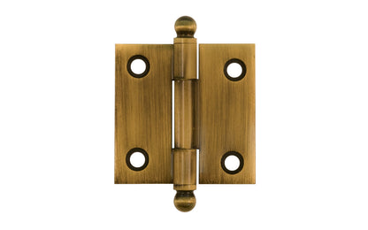 Classic Solid Brass Ball-Tip Cabinet Hinge ~ 1-1/2" x 1-1/2". Full mortise extruded hinges. 3/32" heavy duty leaf thickness gauge. Non-removable fixed hinge pin with ball tips. High quality thick cabinet hinge with ball tips. Light antique brass finish.