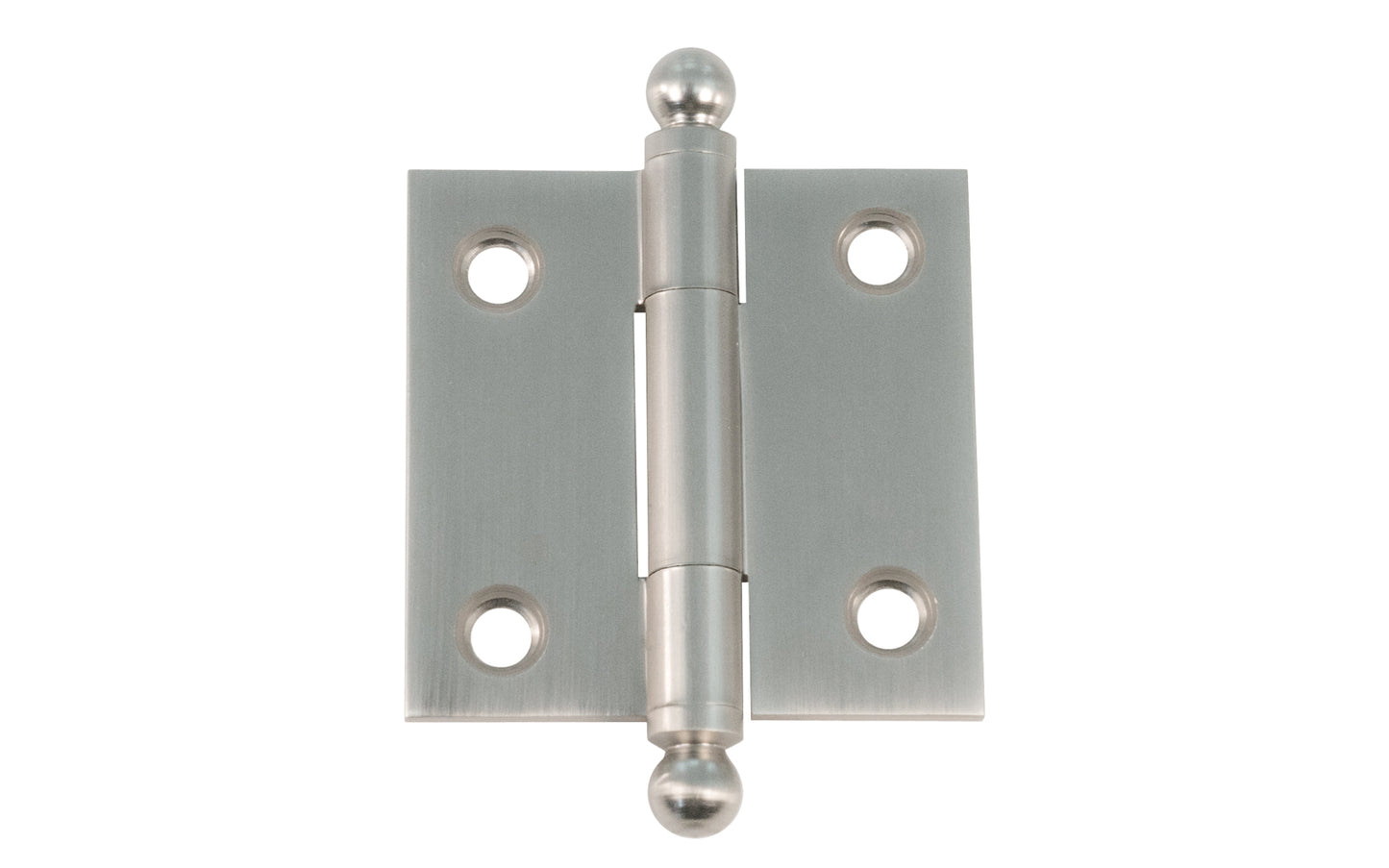 Classic Solid Brass Ball-Tip Cabinet Hinge ~ 1-1/2" x 1-1/2". Full mortise extruded hinges. 3/32" heavy duty leaf thickness gauge. Non-removable fixed hinge pin with ball tips. High quality thick cabinet hinge with ball tips. Brushed nickel finish.