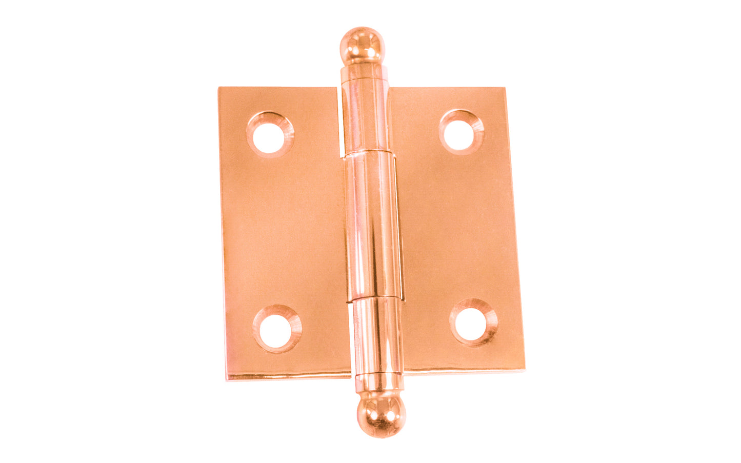 Classic Solid Brass Ball-Tip Cabinet Hinge ~ 1-1/2" x 1-1/2". Full mortise extruded hinges. 3/32" heavy duty leaf thickness gauge. Non-removable fixed hinge pin with ball tips. High quality thick cabinet hinge with ball tips. Polished Copper finish.