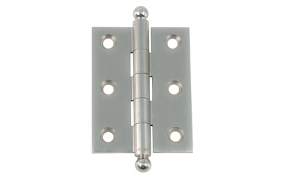 Classic Solid Brass Ball-Tip Cabinet Hinge ~ 2" x 1-1/2". Full mortise extruded hinges. 3/32" heavy duty leaf thickness gauge. Non-removable fixed hinge pin with ball tips. High quality thick cabinet hinge with ball tips. Brushed Nickel finish.