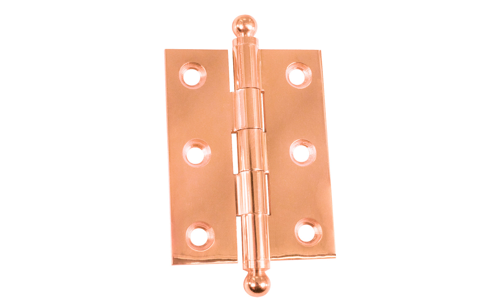 Classic Solid Brass Ball-Tip Cabinet Hinge ~ 2" x 1-1/2". Full mortise extruded hinges. 3/32" heavy duty leaf thickness gauge. Non-removable fixed hinge pin with ball tips. High quality thick cabinet hinge with ball tips. Polished Copper finish.