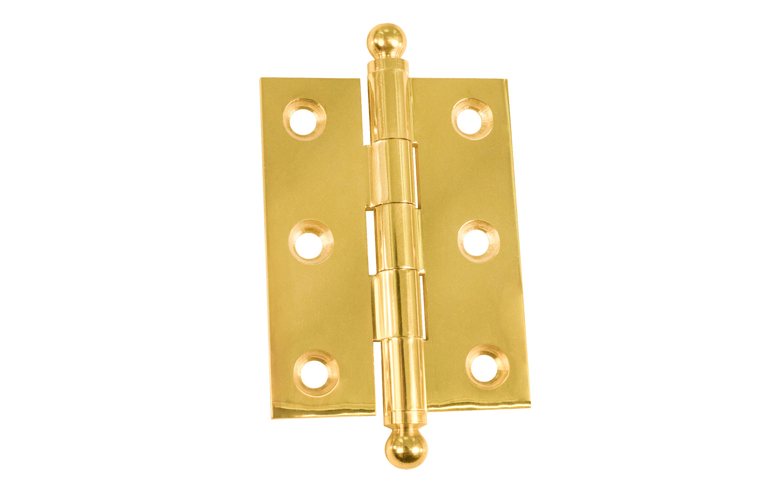Classic Solid Brass Ball-Tip Cabinet Hinge ~ 2" x 1-1/2". Full mortise extruded hinges. 3/32" heavy duty leaf thickness gauge. Non-removable fixed hinge pin with ball tips. High quality thick cabinet hinge with ball tips. Unlacquered brass (will patina over time). Un-lacquered brass. Non-lacquered brass. 