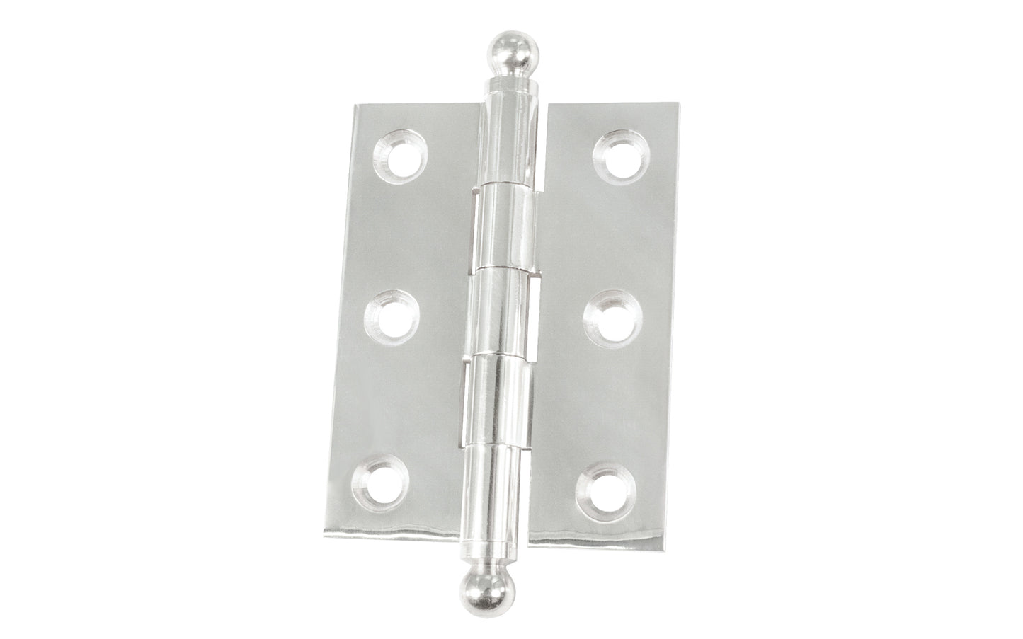 Classic Solid Brass Ball-Tip Cabinet Hinge ~ 2" x 1-1/2". Full mortise extruded hinges. 3/32" heavy duty leaf thickness gauge. Non-removable fixed hinge pin with ball tips. High quality thick cabinet hinge with ball tips. Polished Chrome finish.