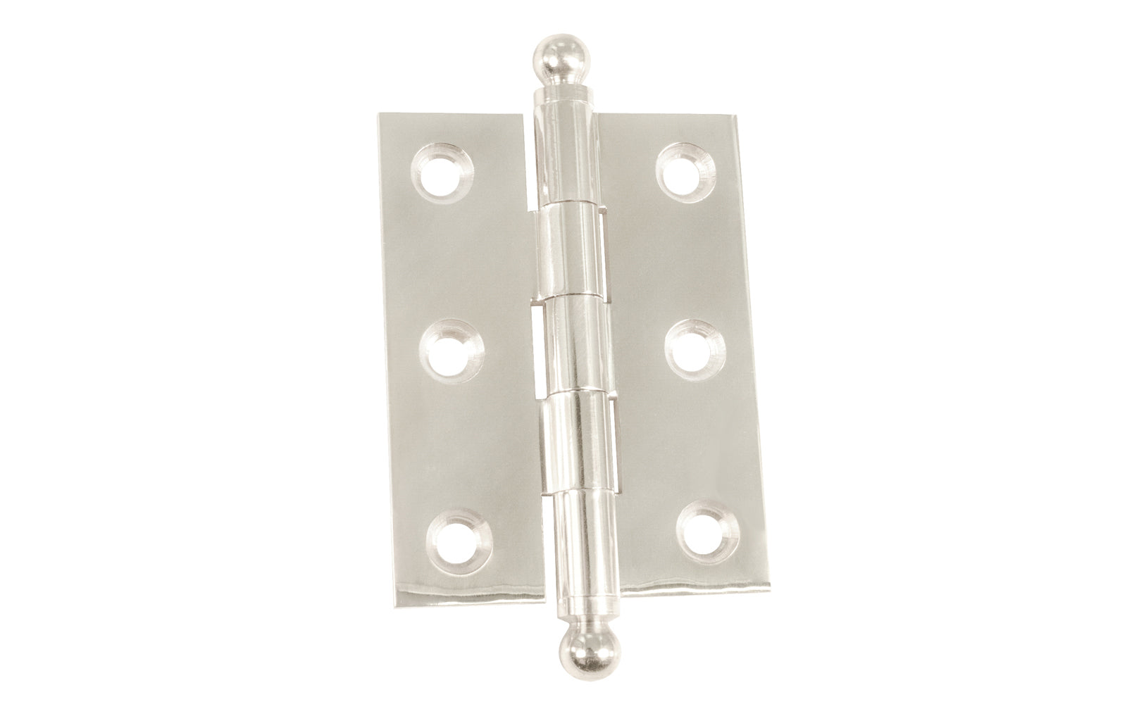 Classic Solid Brass Ball-Tip Cabinet Hinge ~ 2" x 1-1/2". Full mortise extruded hinges. 3/32" heavy duty leaf thickness gauge. Non-removable fixed hinge pin with ball tips. High quality thick cabinet hinge with ball tips. Polished Nickel finish.