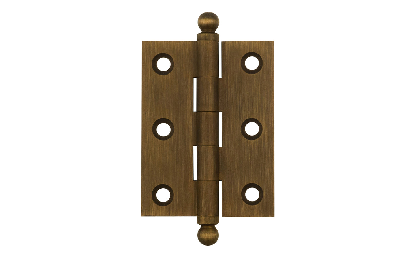 Classic Solid Brass Ball-Tip Cabinet Hinge ~ 2" x 1-1/2". Full mortise extruded hinges. 3/32" heavy duty leaf thickness gauge. Non-removable fixed hinge pin with ball tips. High quality thick cabinet hinge with ball tips. Antique Brass finish.