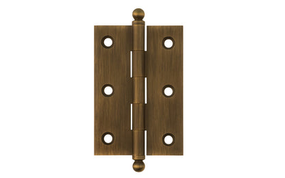 Classic Solid Brass Ball-Tip Cabinet Hinge ~ 2-1/2" x 1-3/4". Full mortise extruded hinges. 3/32" heavy duty leaf thickness gauge. Non-removable fixed hinge pin with ball tips. High quality thick cabinet hinge with ball tips. Antique Brass Finish.