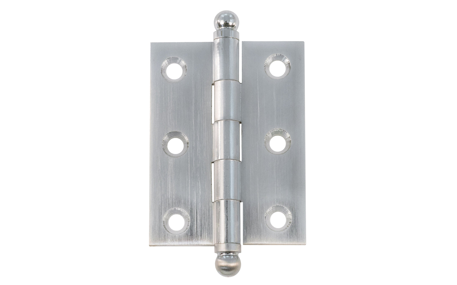 Classic Solid Brass Ball-Tip Cabinet Hinge ~ 2" x 1-1/2". Full mortise extruded hinges. 3/32" heavy duty leaf thickness gauge. Non-removable fixed hinge pin with ball tips. High quality thick cabinet hinge with ball tips. Brushed Chrome finish.
